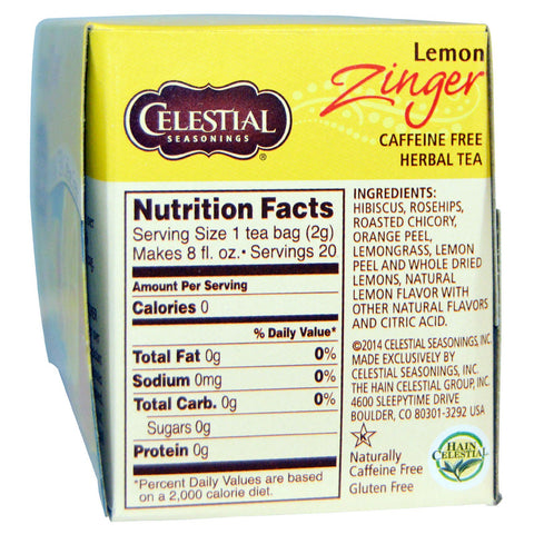Celestial Seasonings, Herbal Tea, Caffeine Free, Lemon Zinger, 20 Tea Bags, 1.7 oz (47 g)
