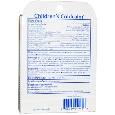 Boiron, Coldcalm, alivio del resfriado para niños, mayores de 3 años, 2 tubos, aproximadamente 80 gránulos de disolución rápida cada uno