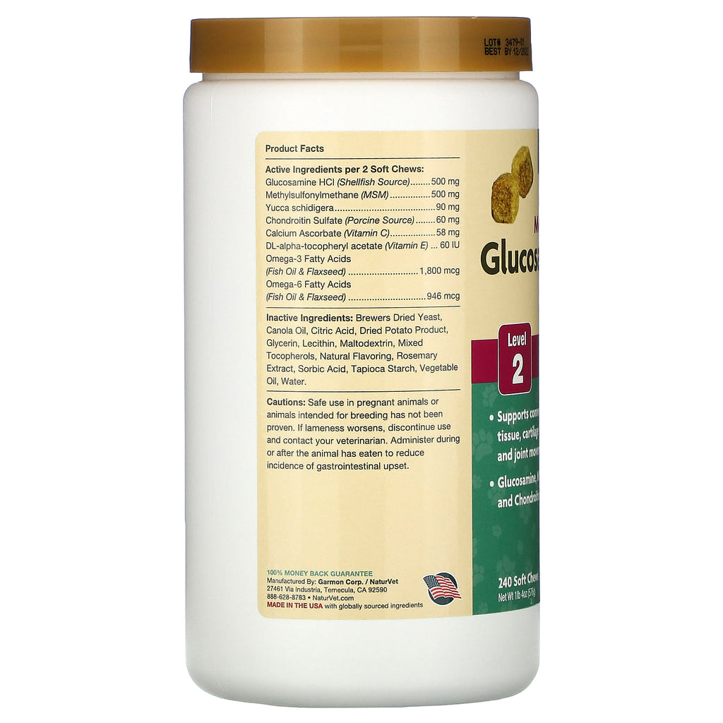 NaturVet, Glucosamina DS Plus, Cuidado moderado, Nivel 2, 240 masticables blandos, 576 g (1 lb 4 oz)