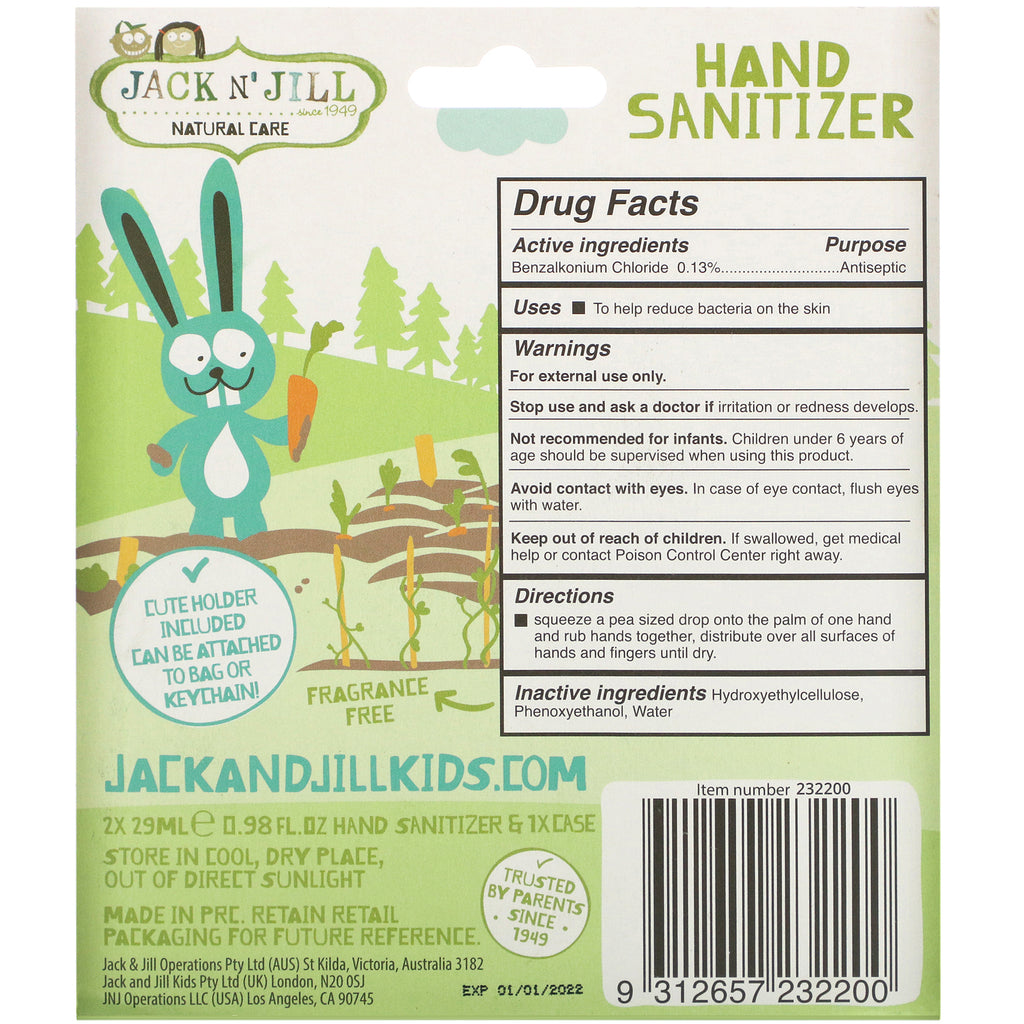 Jack n' Jill, desinfectante para manos, Bunny, paquete de 2, 29 ml (0,98 fl oz) cada uno y 1 estuche