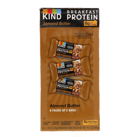 KIND Bars, Proteína para el desayuno, Mantequilla de almendras, 8 paquetes de 2 barras, 1,76 oz (50 g) cada una