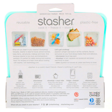 Stasher, genanvendelig silikonemadpose, Sandwichstørrelse Medium, Aqua, 15 fl oz (450 ml)