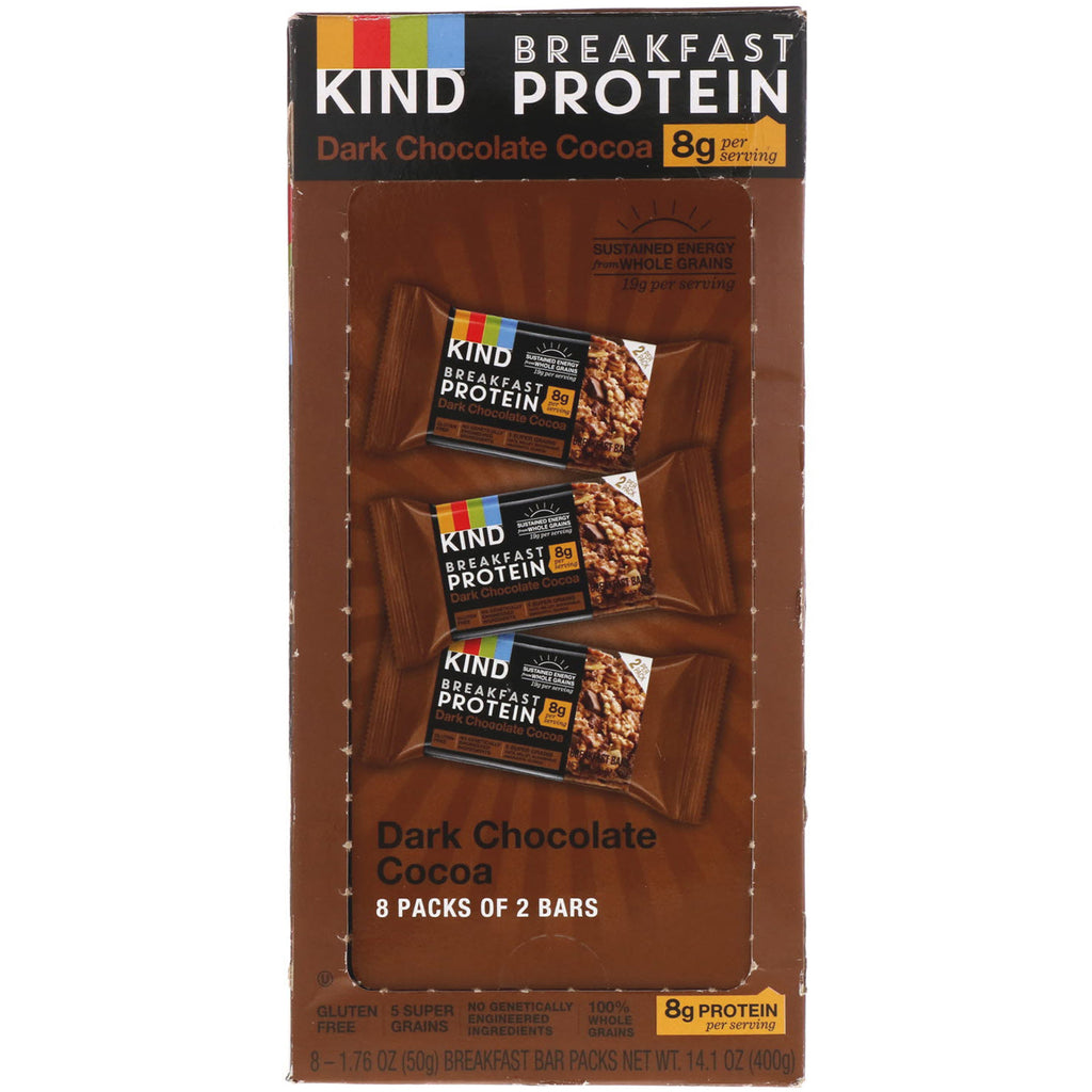 KIND Bars, proteína para el desayuno, cacao con chocolate amargo, 8 paquetes de 2 barras, 1,76 oz (50 g) cada una