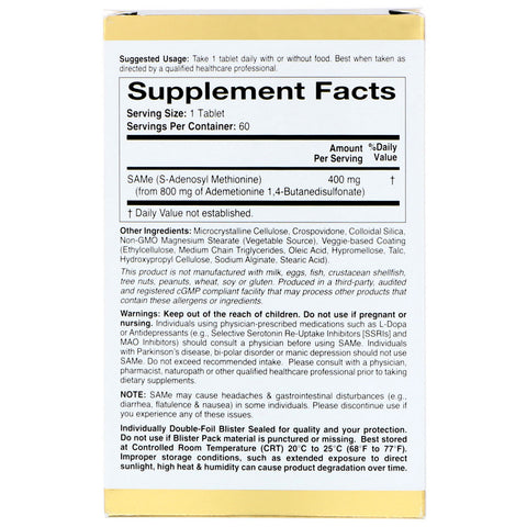California Gold Nutrition, SAMe, forma preferida de butanodisulfonato, 400 mg, 60 tabletas con recubrimiento entérico