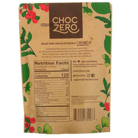 ChocZero, chocolate amargo con sal marina, avellanas, sin azúcar, 6 barras, 1 oz cada una