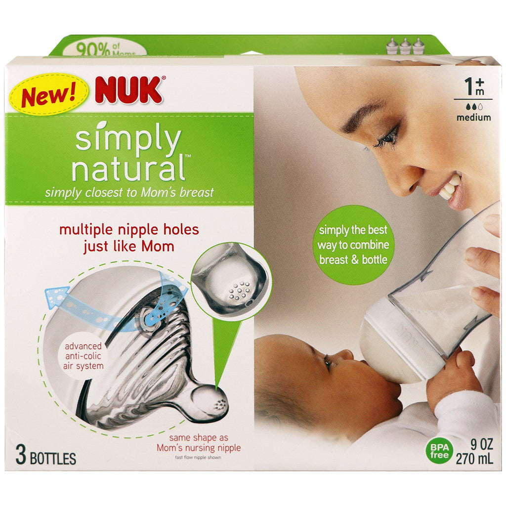 NUK, Simply Natural, biberones, 1+ meses, mediano, paquete de 3, 9 oz (270 ml) cada uno