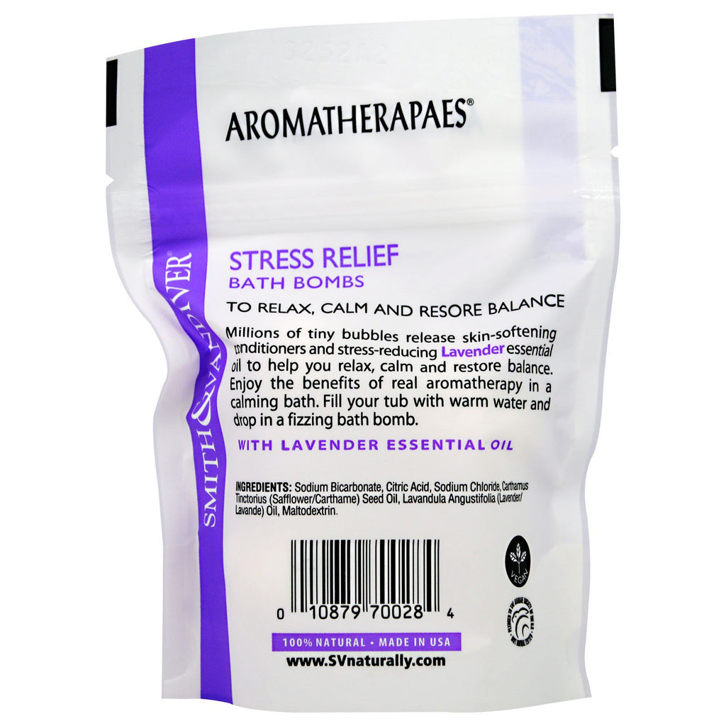 Smith &amp; Vandiver, Stress Relief Badebomber med Lavendel Essential, 4 brusende badebolde, 0,8 oz (22 g) hver