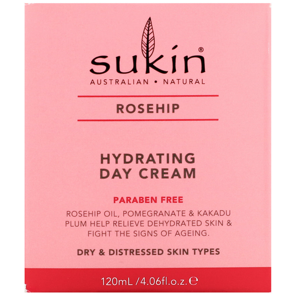 Sukin, Crema de día hidratante, rosa mosqueta, 4,06 fl oz (120 ml)