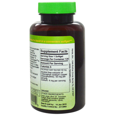 Herbs Etc., cloro oxígeno, concentrado de clorofila, sin alcohol, 120 cápsulas blandas de acción rápida