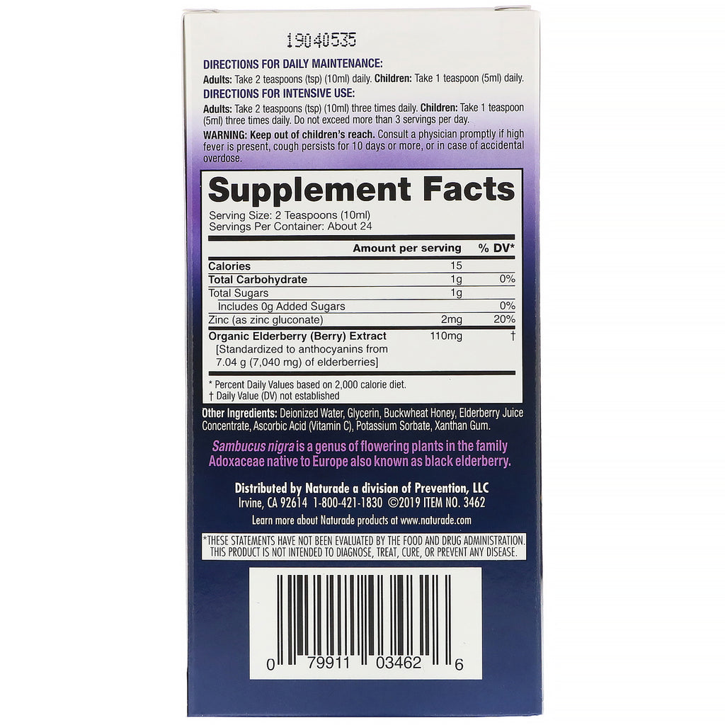Naturade, standardiseret hyldebærekstraktsirup med vitamin C og zink, 8,8 fl oz (260 ml)