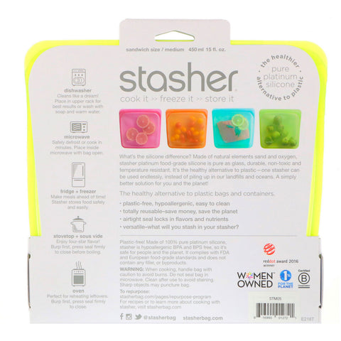 Stasher, Bolsa de silicona reutilizable para alimentos, tamaño sándwich mediano, lima, 15 fl oz (450 ml)