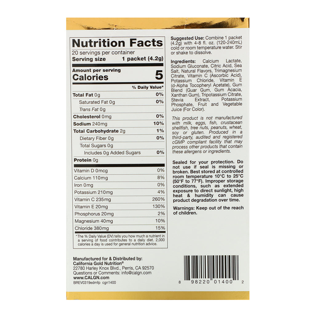 California Gold Nutrition, HydrationUP, mezcla de bebida con electrolitos, ponche de frutas, 20 paquetes, 4,2 g (0,15 oz) cada uno