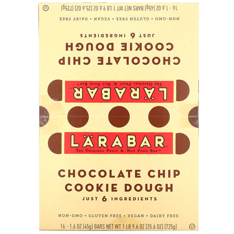 Larabar, The Original Fruit & Nut Food Bar, masa para galletas con chispas de chocolate, 16 barras, 1,6 oz (45 g) cada una