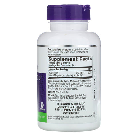 Natrol, højabsorptionsmagnesium, tranebæræble naturlig smag, 250 mg, 60 tabletter