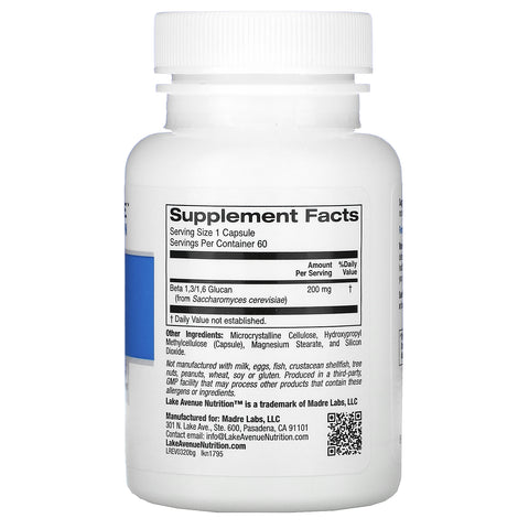 Lake Avenue Nutrition, Beta Glucan 1-3, 1-6, 200 mg, 60 Veggie-kapsler