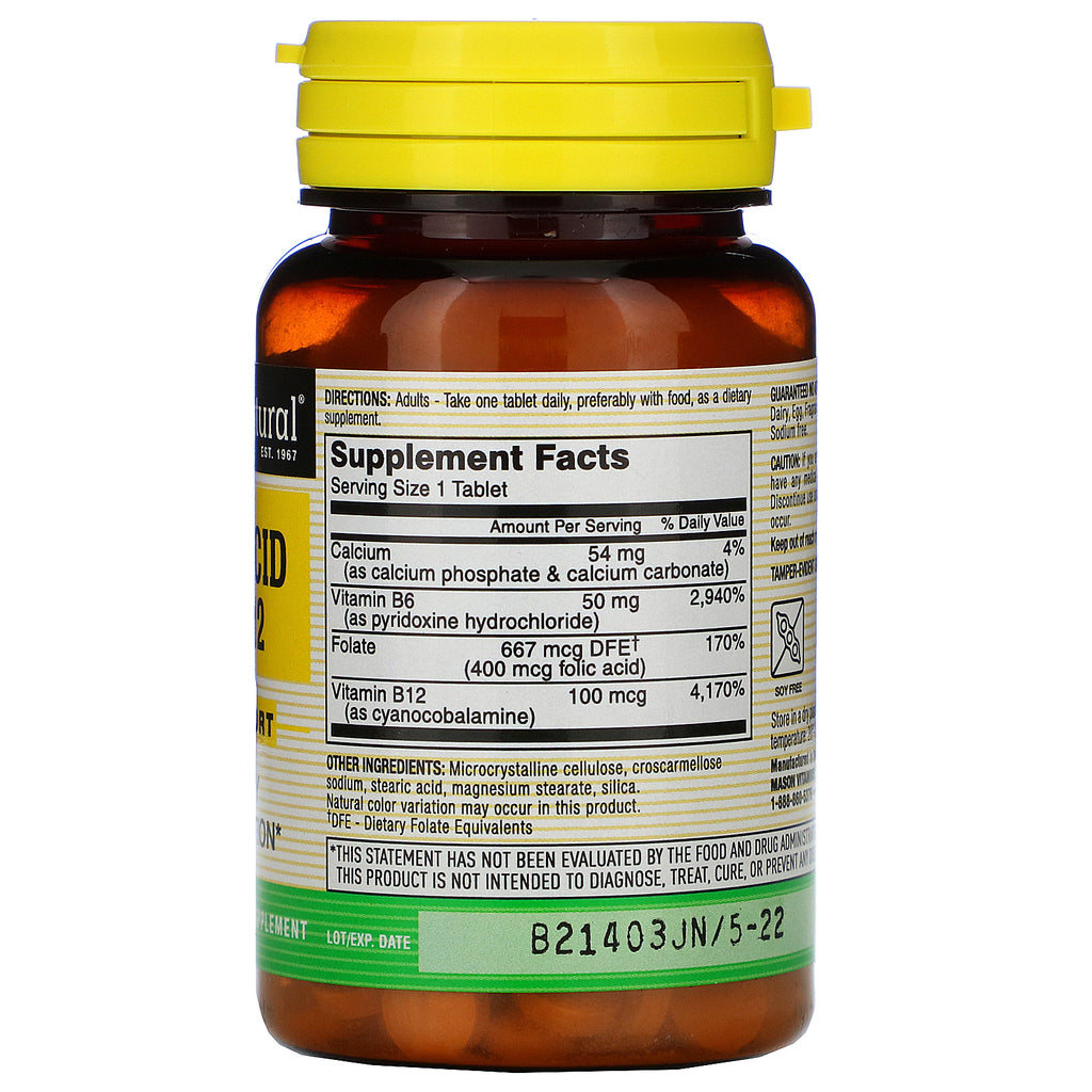 Mason Natural, Ácido fólico B6 y B12, 90 comprimidos
