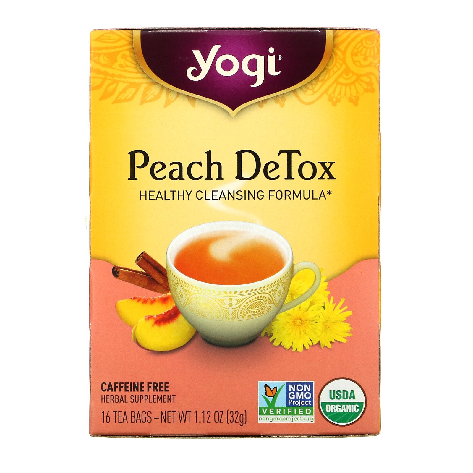 Yogi Tea, Peach DeTox, Caffeine Free, 16 Tea Bags, 1.12 oz (32 g)