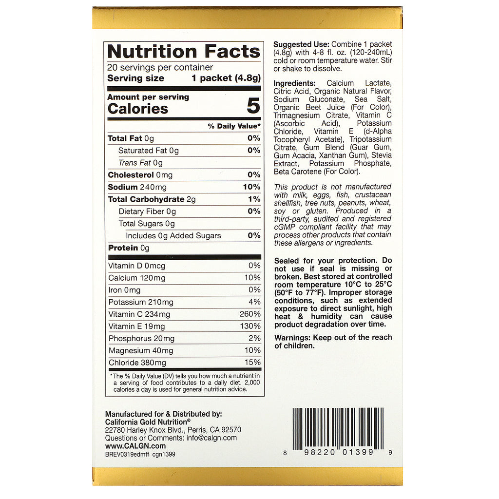 California Gold Nutrition, HydrationUP, Electrolyte Drink Mix, Tropical Frugt, 20 pakker, 0,17 oz (4,8 g) hver