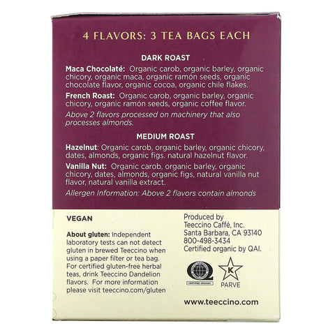 Teeccino, muestra de té de hierbas tostadas, 4 sabores, sin cafeína, 12 bolsitas de té, 2,54 oz (72 g)