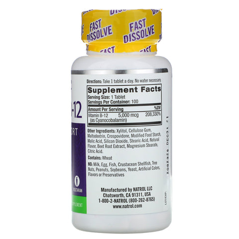 Natrol, vitamina B-12, disolución rápida, potencia máxima, fresa, 5000 mcg, 100 tabletas