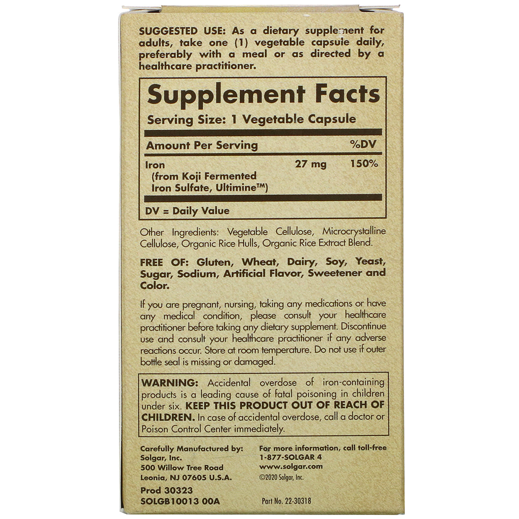Solgar, EarthSource Food Fermented, hierro Koji, 27 mg, 30 cápsulas vegetales