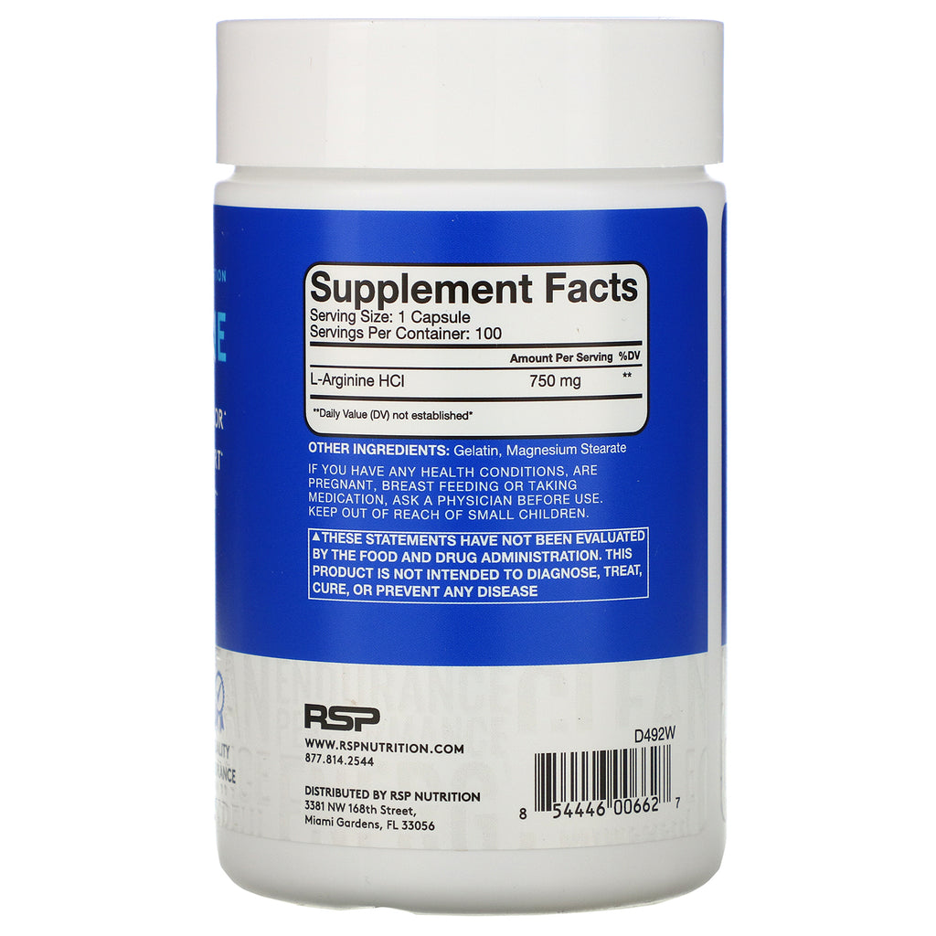 RSP Nutrition, L-arginina, óxido nítrico + vasodilatación, 100 cápsulas