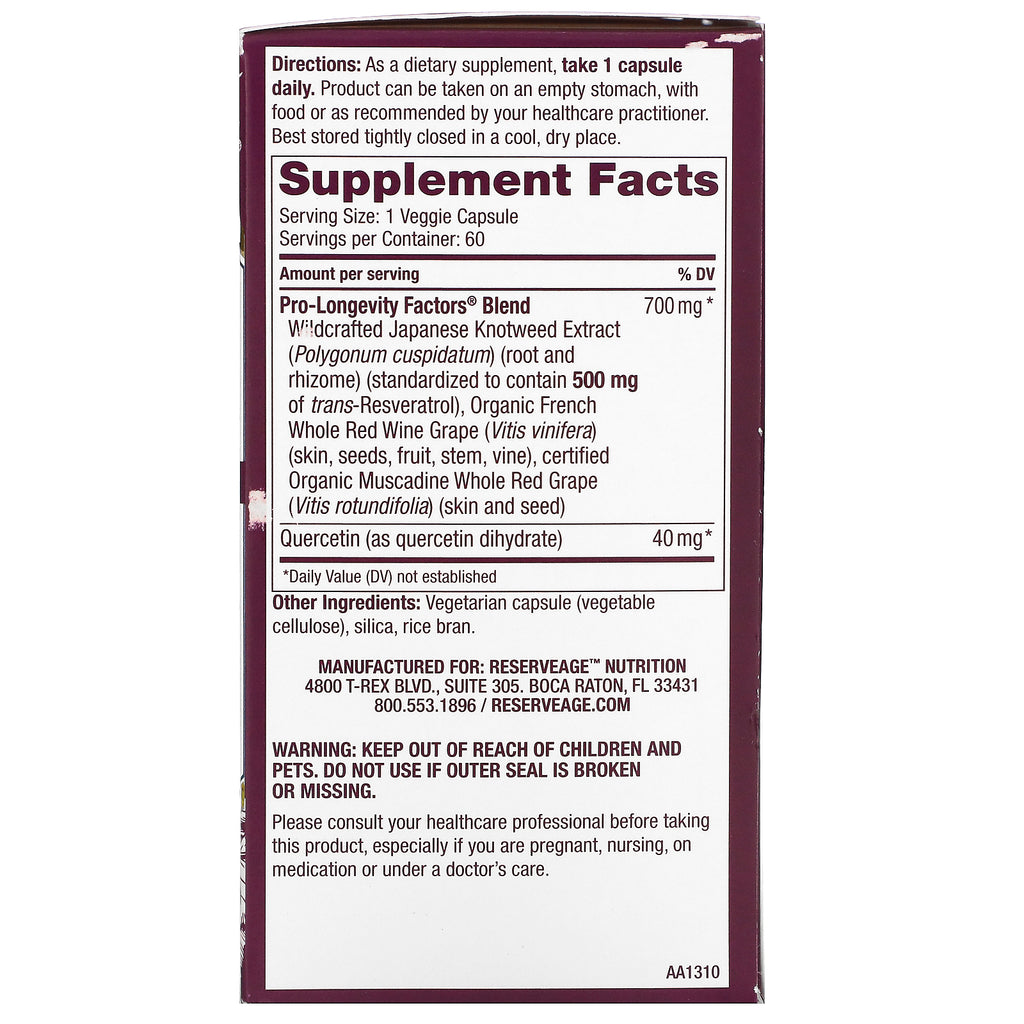 ReserveAge Nutrition, Resveratrol, 500 mg, 60 Veggie-kapsler