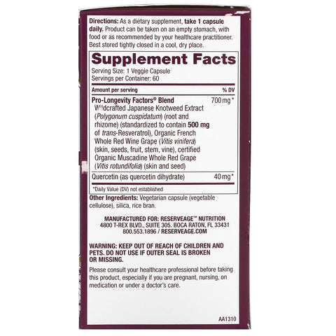 ReserveAge Nutrition, Resveratrol, 500 mg, 60 Veggie-kapsler