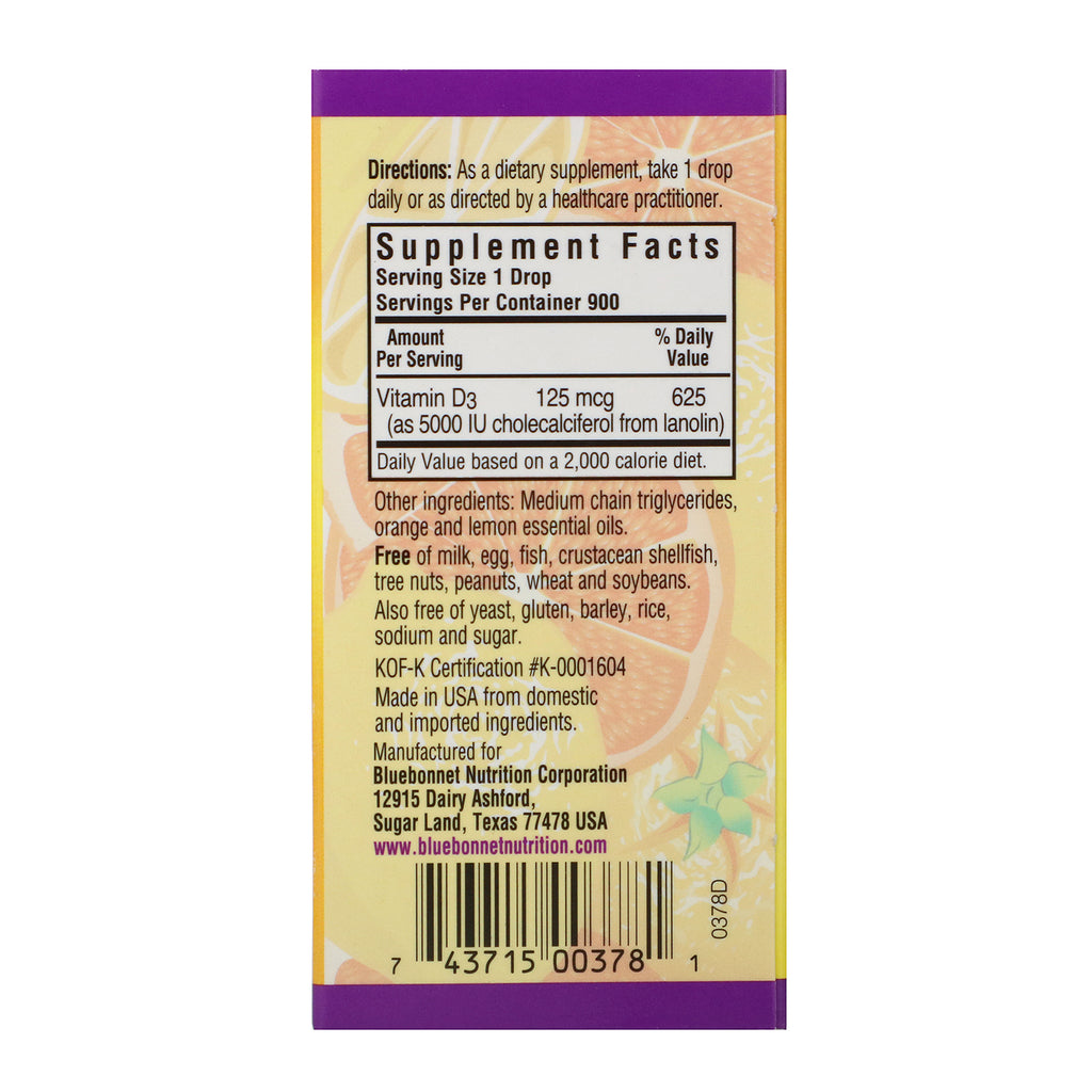 Bluebonnet Nutrition, Gotas líquidas de vitamina D3, sabor cítrico natural, 5000 UI, 1 fl oz (30 ml)