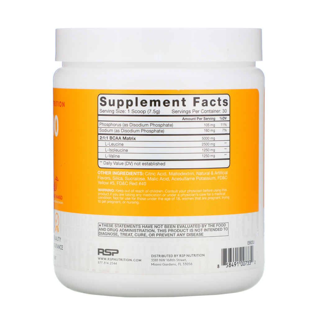 RSP Nutrition, BCAA 5000, Instantized BCAAs, Orange Mango, 5.000 mg, 7,94 oz (225 g)