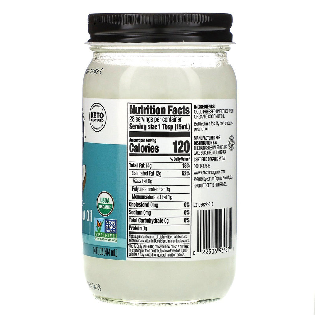 Spectrum Culinary, Aceite de coco virgen, sin refinar, 14 fl oz (414 ml)