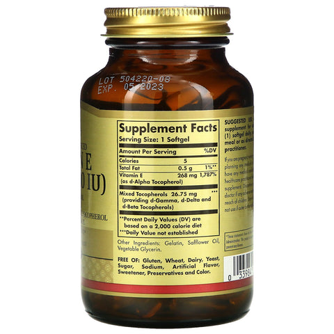 Solgar, vitamina E de origen natural, 268 mg (400 UI), 100 cápsulas blandas