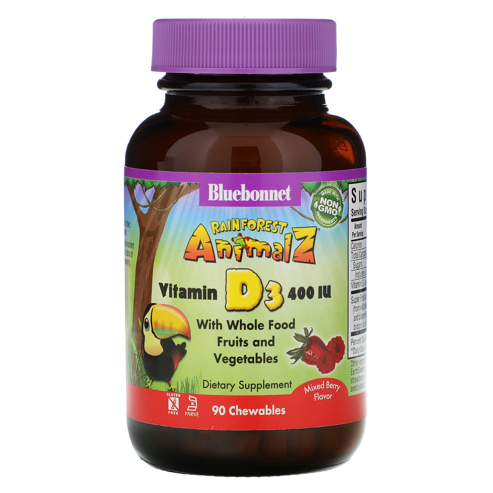 Bluebonnet Nutrition, Rainforest Animalz, Vitamin D3, Natural Mixed Berry Flavor, 400 IU, 90 Chewable Tablets