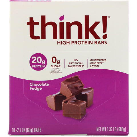 ThinkThin, højproteinbarer, chokoladefudge, 10 barer, 2,1 oz (60 g) hver