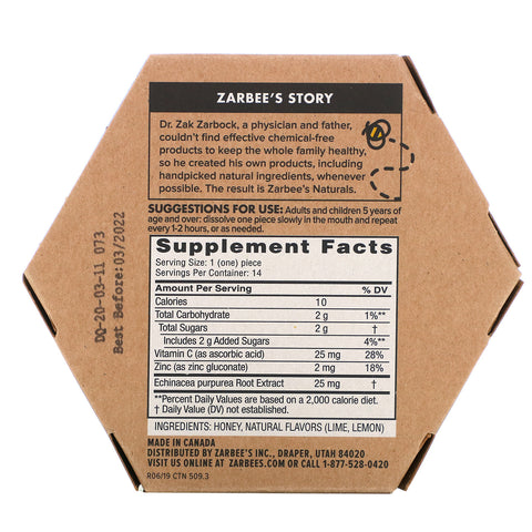 Zarbee's, 96% honninghostesudder + immunstøtte, naturlig citrussmag, 14 stk.