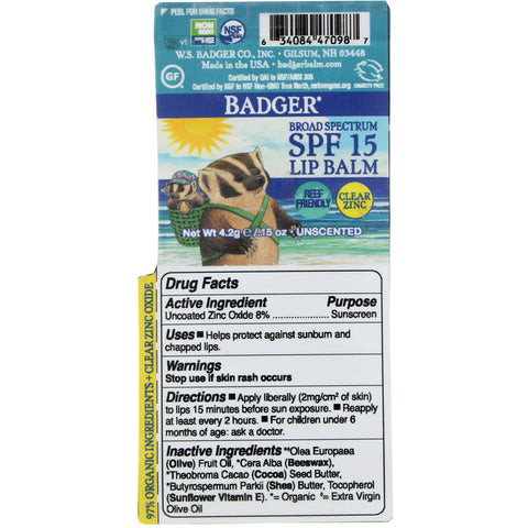 Badger Company, Bálsamo labial, Zinc transparente, sin perfume, SPF 15, 4,2 g (0,15 oz)
