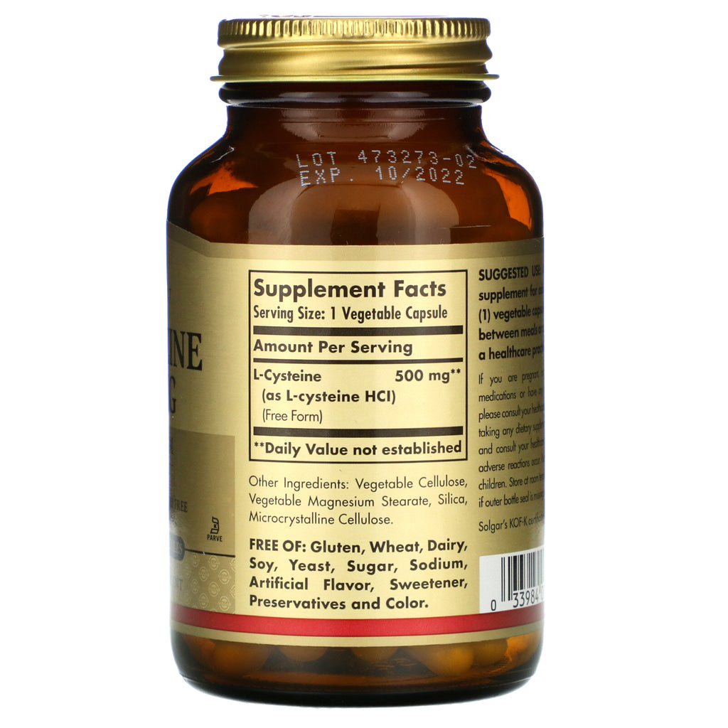 Solgar, L-cisteína, 500 mg, 90 cápsulas vegetales
