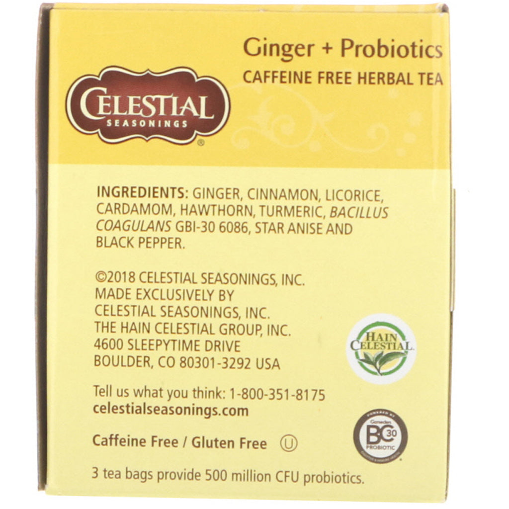 Celestial Seasonings, té de hierbas, jengibre + probióticos, sin cafeína, 20 bolsitas de té, 31 g (1,1 oz)