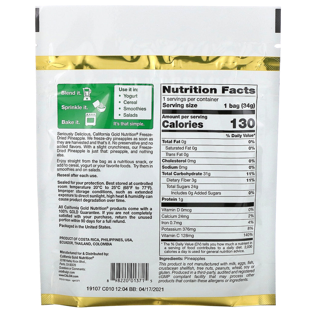 California Gold Nutrition, Piña liofilizada, trozos enteros liofilizados listos para comer, 34 g (1 oz)