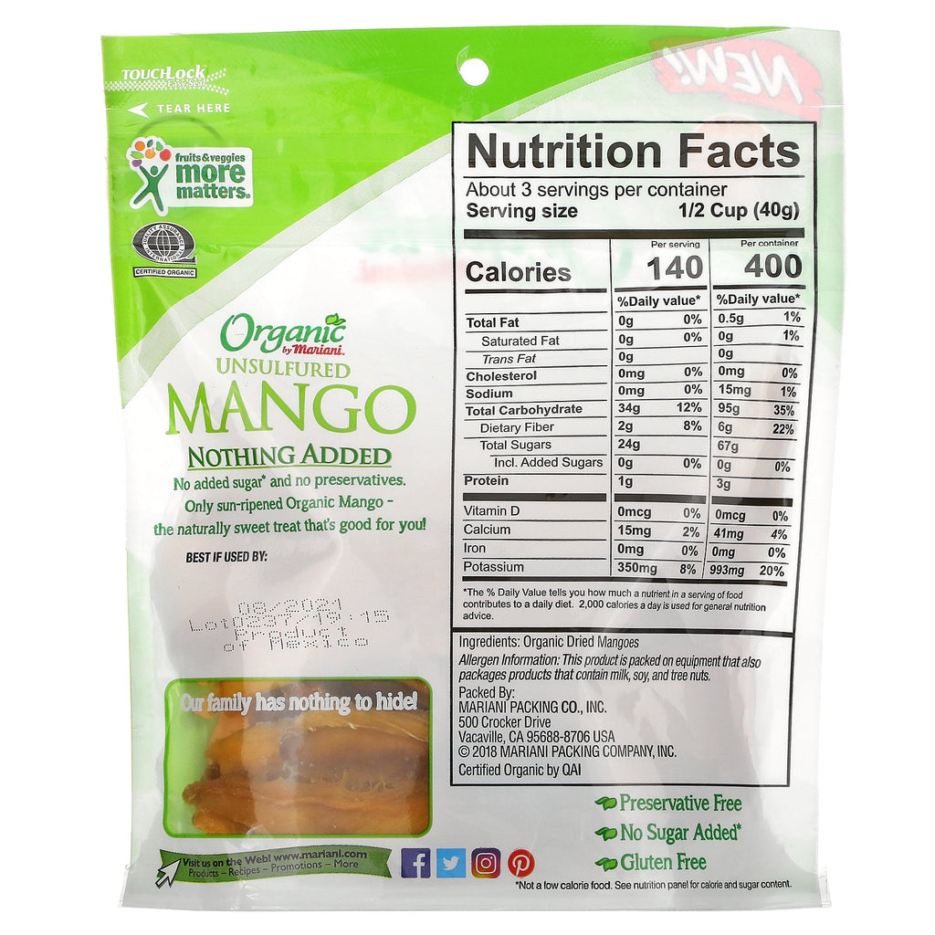 Mariani tørret frugt, usvovlet mango, 4 oz (113 g)
