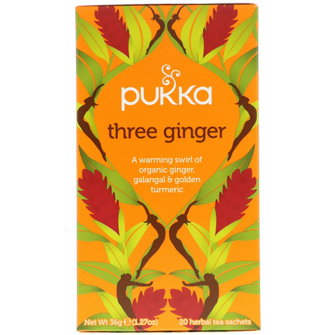 Pukka Herbs, Three Ginger Herbal Tea, Caffeine Free, 20 Tea Sachets, 1.27 oz (36 g)