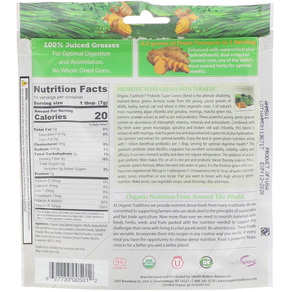 Traditions, Probiotic Super Greens with Turmeric, 3.5 oz (100 g)