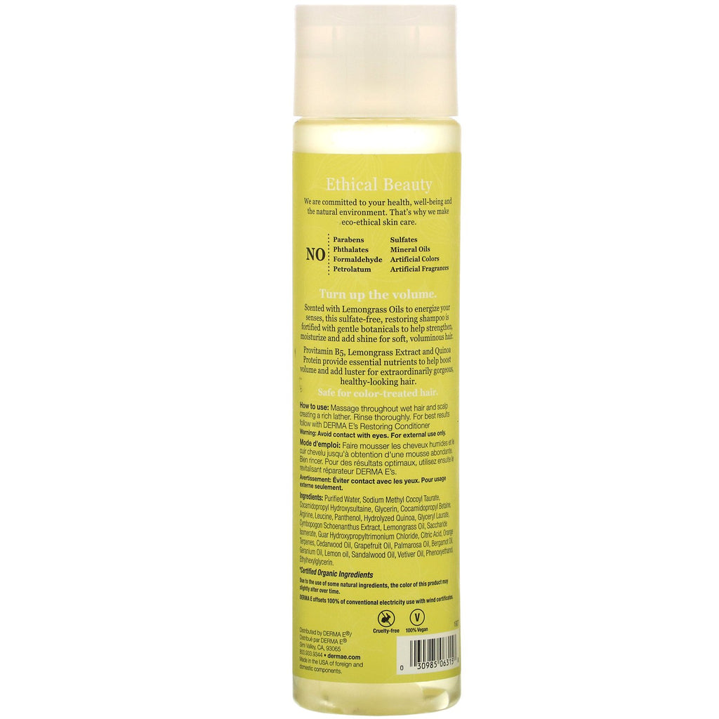 Derma E, Restoring Shampoo, Volume &amp; Shine, Citrongræs &amp; Vitamin E, 10 fl oz (296 ml)