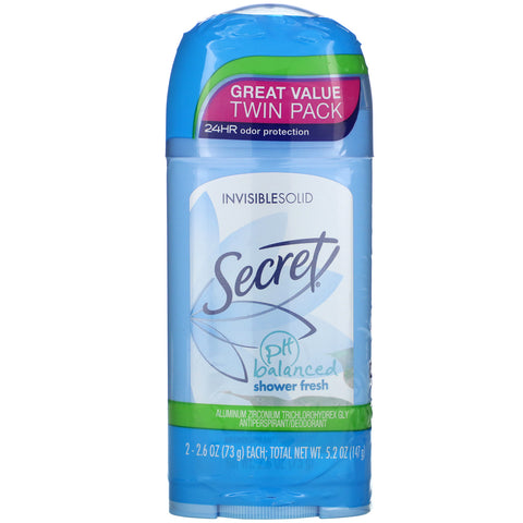 Secret, antitranspirante/desodorante con pH equilibrado, sólido invisible, fresco para la ducha, paquete doble, 2,6 oz (73 g) cada uno