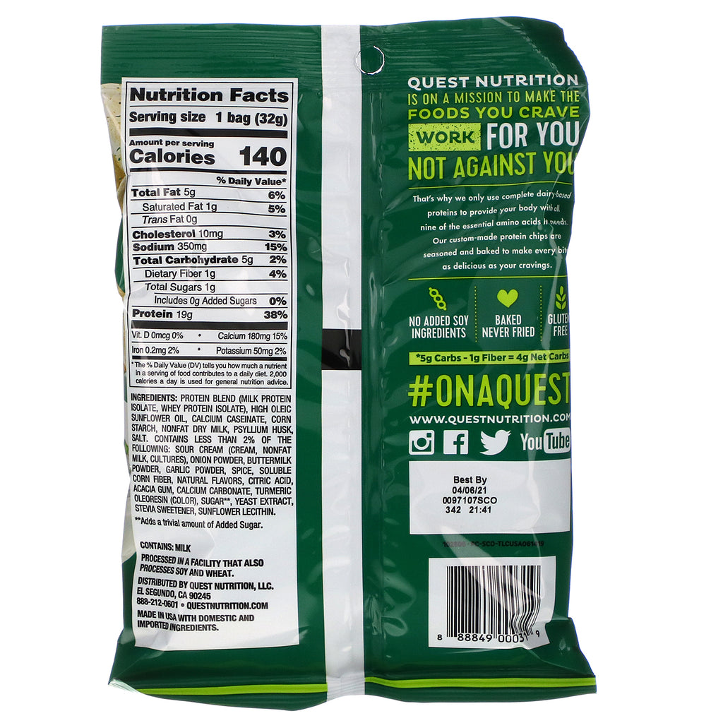 Quest Nutrition, chips de proteína estilo original, crema agria y cebolla, paquete de 12, 32 g (1,1 oz) cada uno