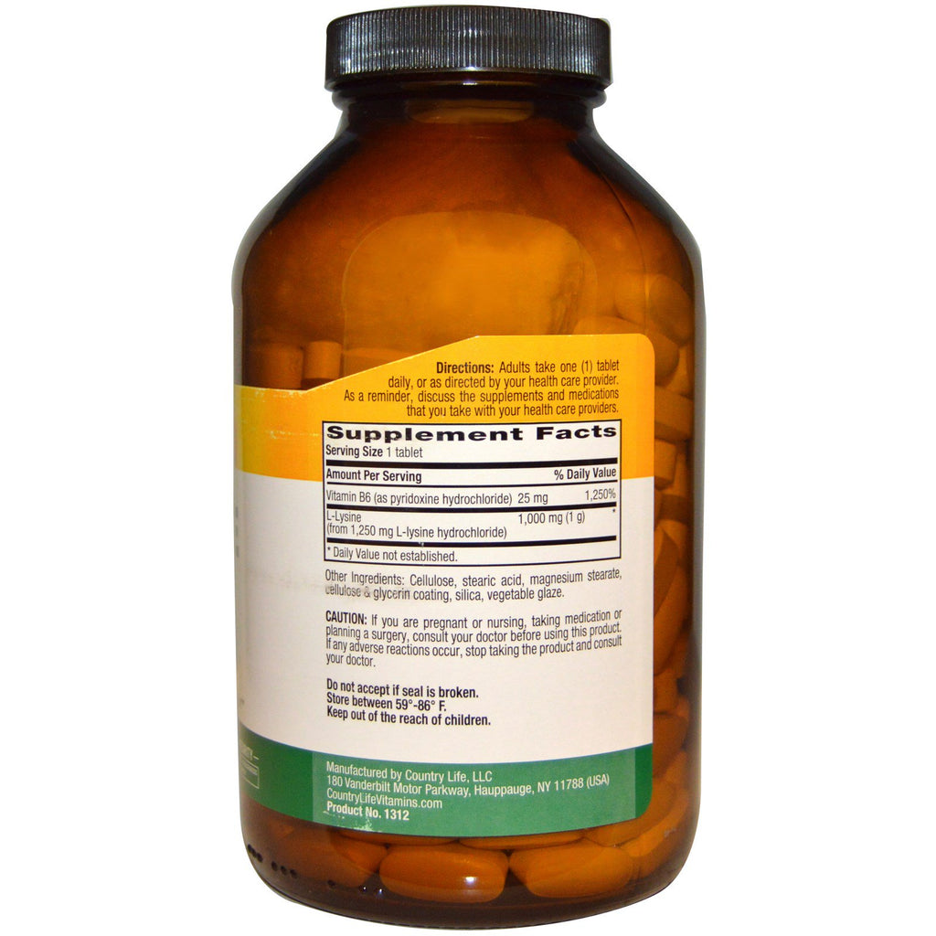 Country Life, L-Lysine, 1000 mg, 250 tabletter
