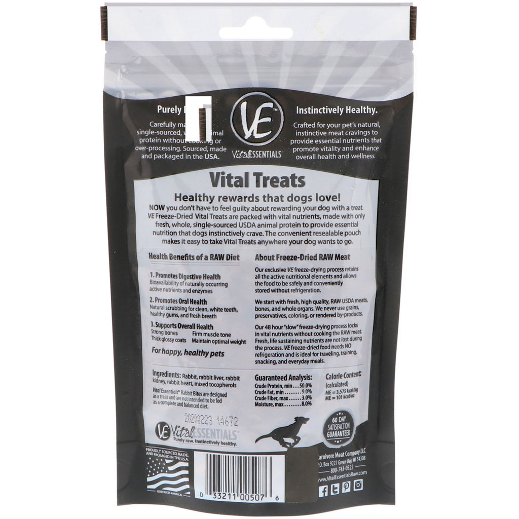 Vital Essentials, golosinas vitales liofilizadas para perros, picaduras de conejo, 2,0 oz (56,7 g)