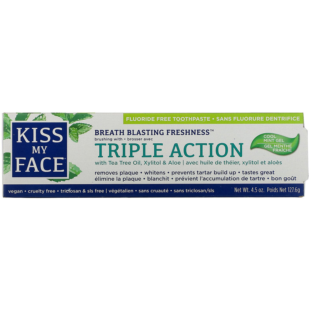 Kiss My Face, pasta de dientes de triple acción con aceite de árbol de té, xilitol y aloe, sin flúor, gel de menta fresca, 4,5 oz (127,6 g)