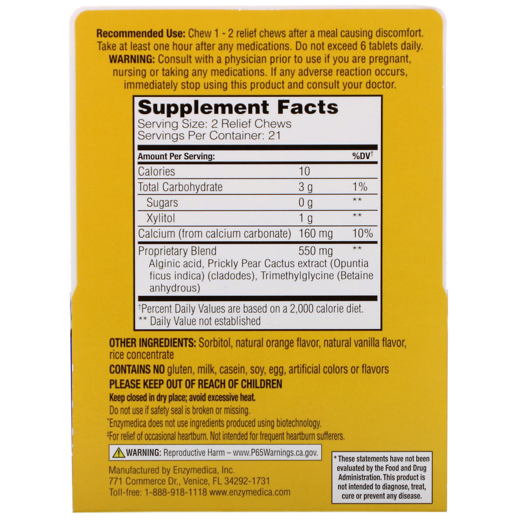 Enzymedica, Alivio de la acidez estomacal, sabor a vainilla y naranja, 42 masticables de alivio
