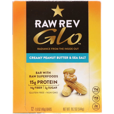 Raw Rev, Glo, mantequilla de maní cremosa y sal marina, 12 barras, 46 g (1,6 oz) cada una
